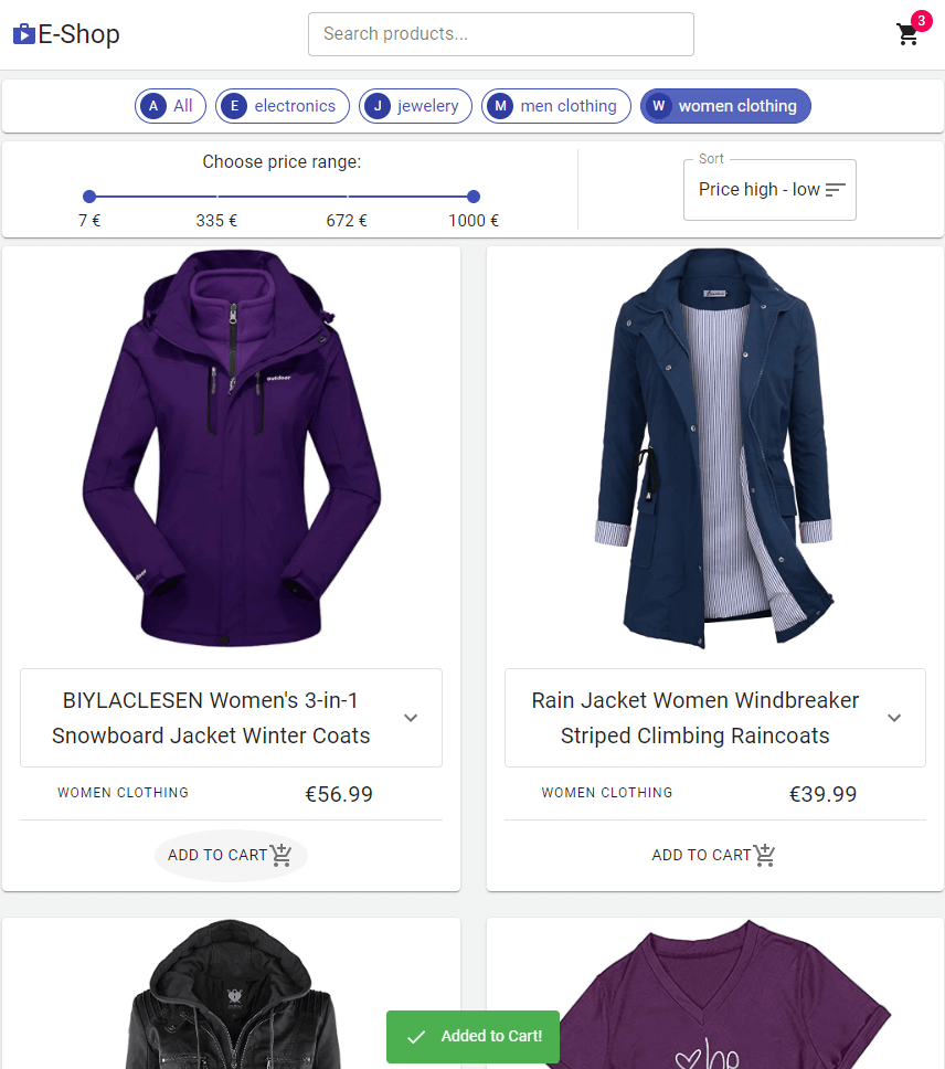 Screencapture of the deployed E-Commerce project landing page. User can choose products from different categories and sort and filter by price.