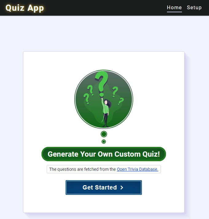 Landing page of the deployed Quiz app project. User can create a custom quiz and then play it.