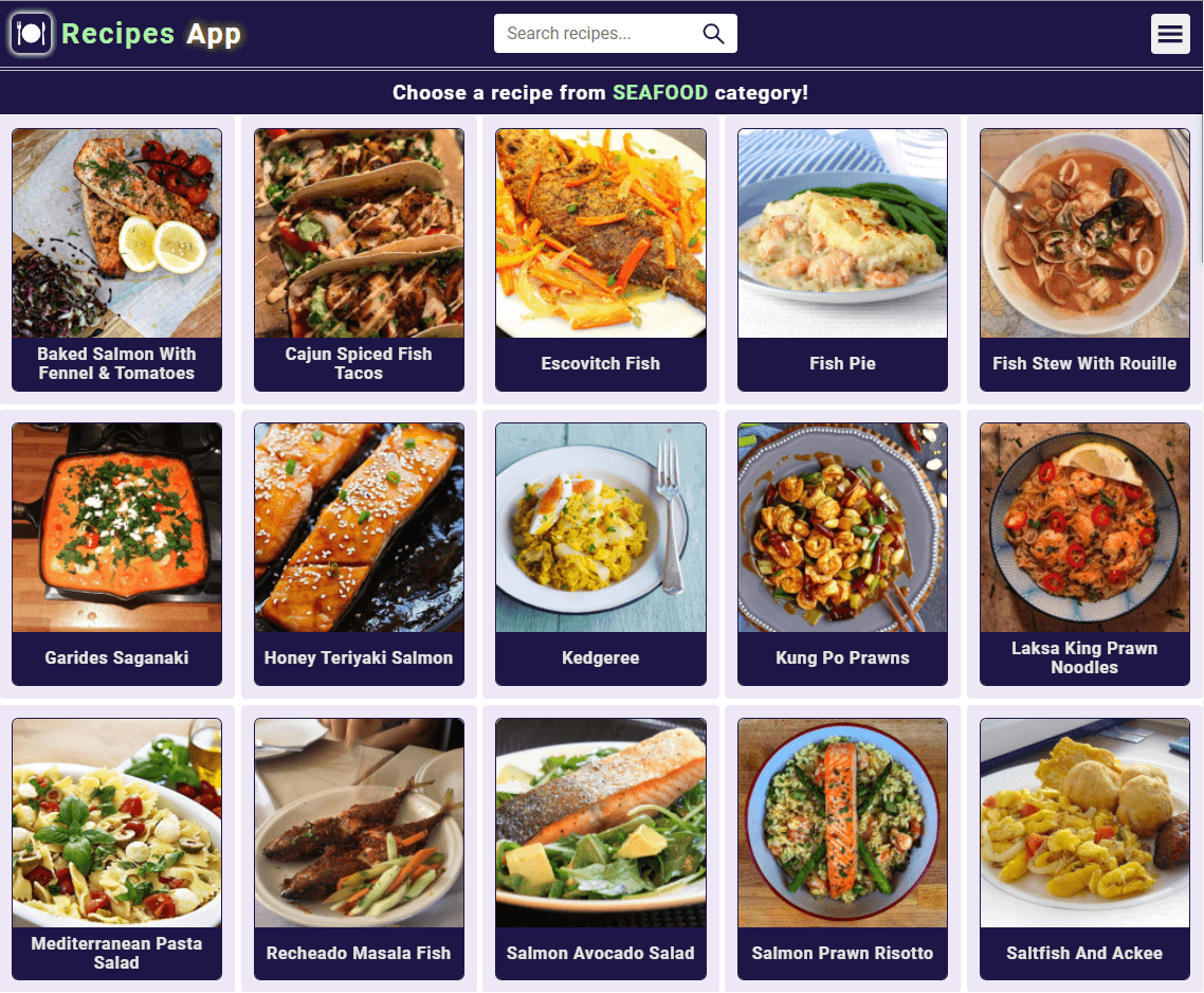 Screencapture of the deployed Recipe project Seafoods category meals page. User can select his favorite meal from a grid list which includes illustrations of each meal in the category