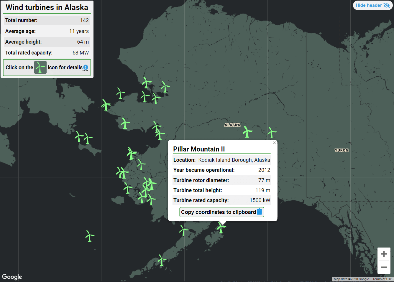 Screencapture of the deployed React Alaska Wind Turbine project. Map of Alaska with green wind turbines scattered around the territory.